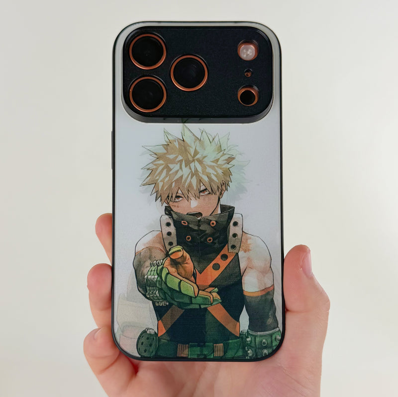 Hand-held My Hero Academia lenticular case showing Bakugo artwork