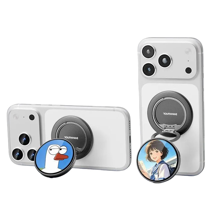 MagSafe Rotating Ring Stand — Custom Photo Display Phone Grip & Kickstand — App Custom Photo / Black