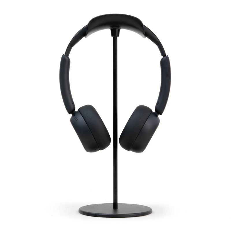 Black Custom Anime Display Headphones, front view on a photography stand