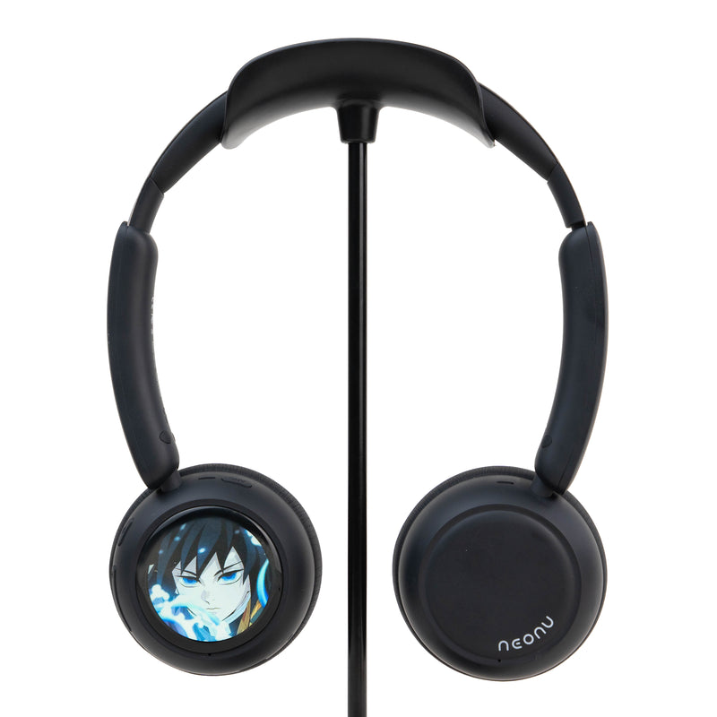Black Custom Anime Display Headphones showing Giyu Tomioka artwork on the customizable screen