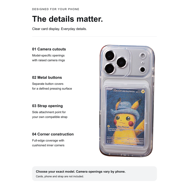 English case features: camera rings, separate metal buttons, strap opening and cushioned corners