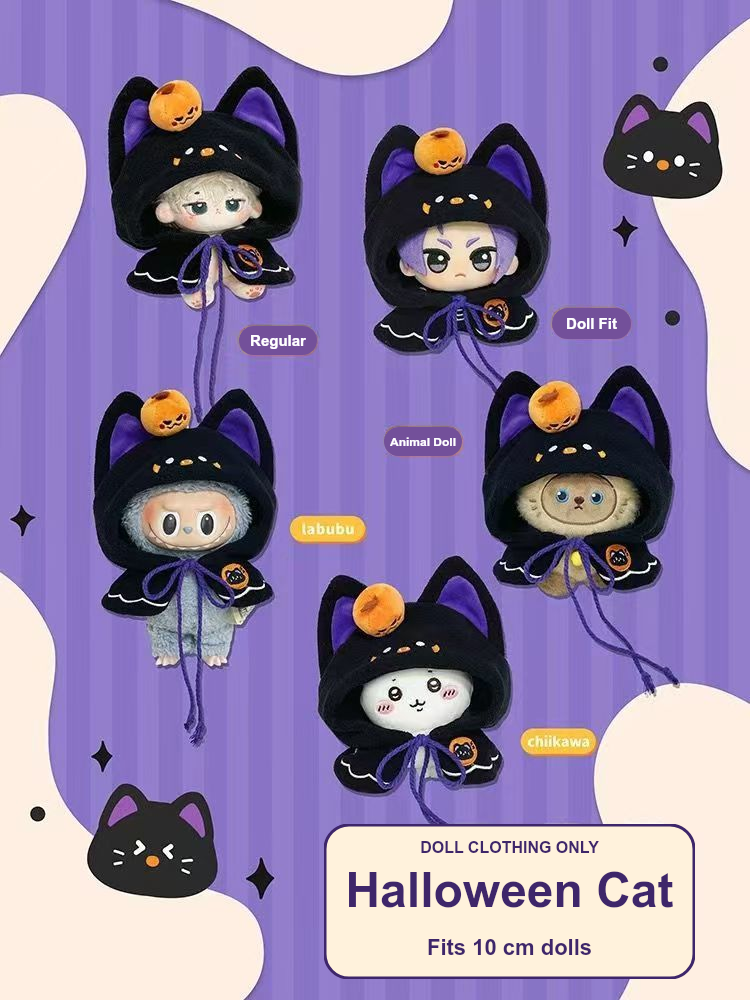 Black Halloween cat cloak fit examples; dolls and props not included