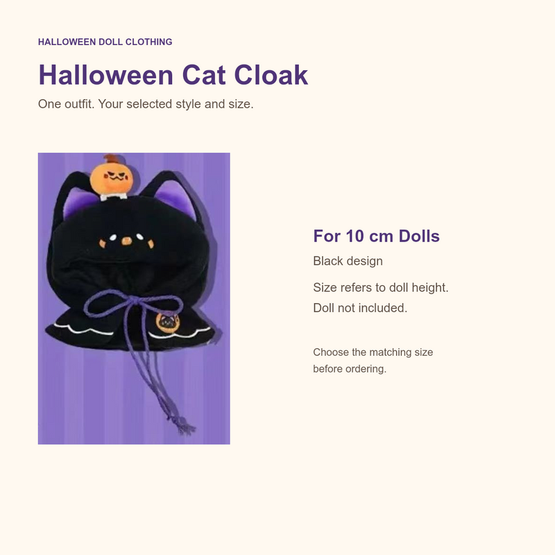 Halloween cat black cloak for 10 cm dolls; doll clothing only