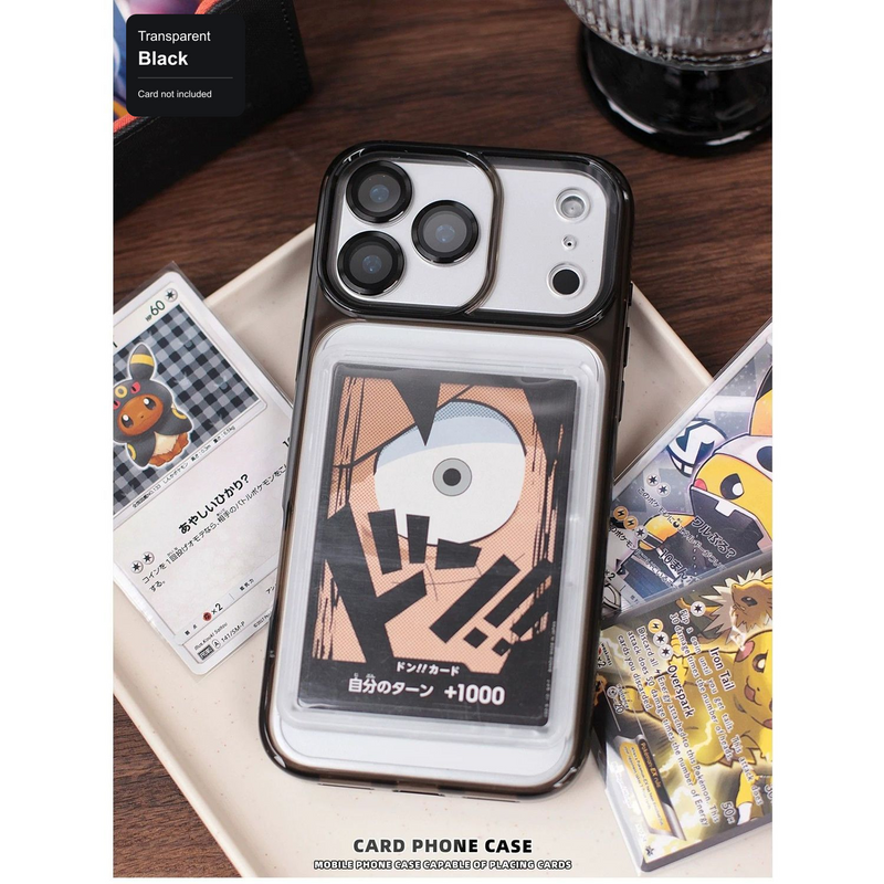 Transparent Black trading-card display phone case; card not included