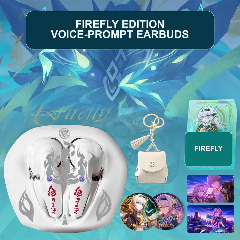Firefly voice-prompt wireless earbuds and character accessory set