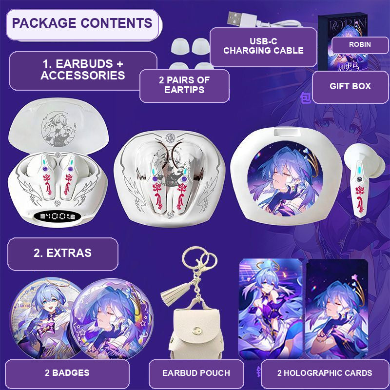 Robin earbuds package contents — design 1