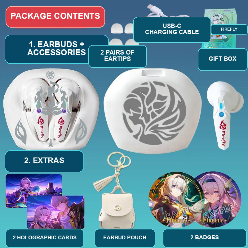 Firefly earbuds package contents — design 1