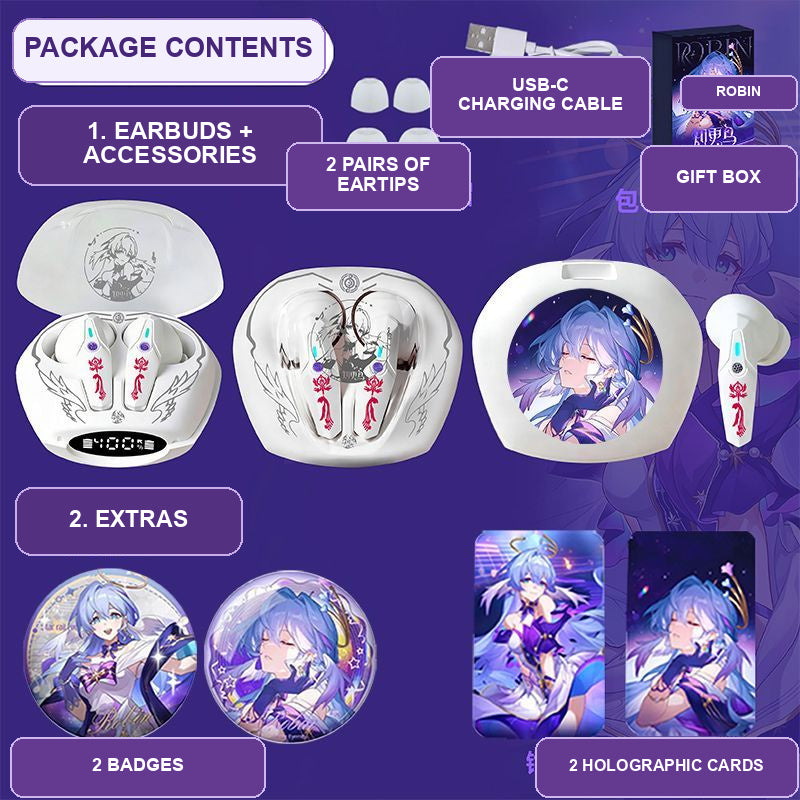 Robin earbuds package contents — design 1