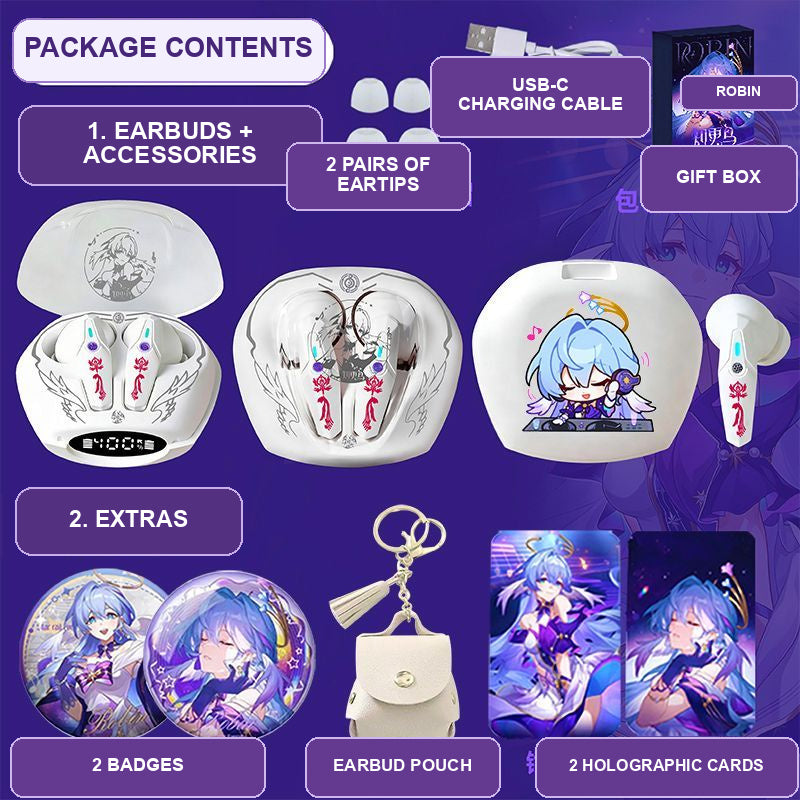 Robin earbuds package contents — design 2