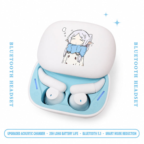 White Frieren earbuds in an open white-and-blue charging case with chibi artwork on the lid.