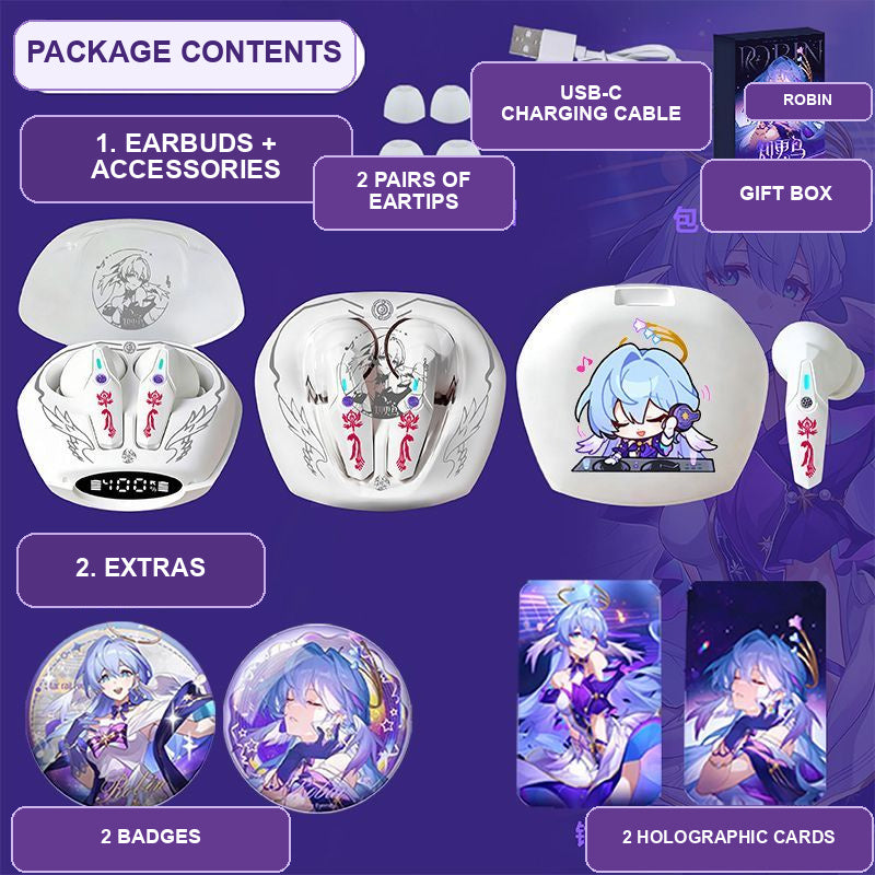 Robin earbuds package contents — design 2