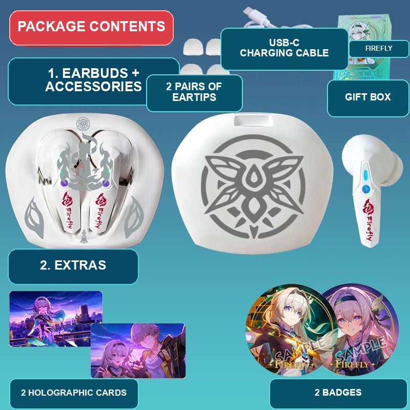 Firefly earbuds package contents — design 2