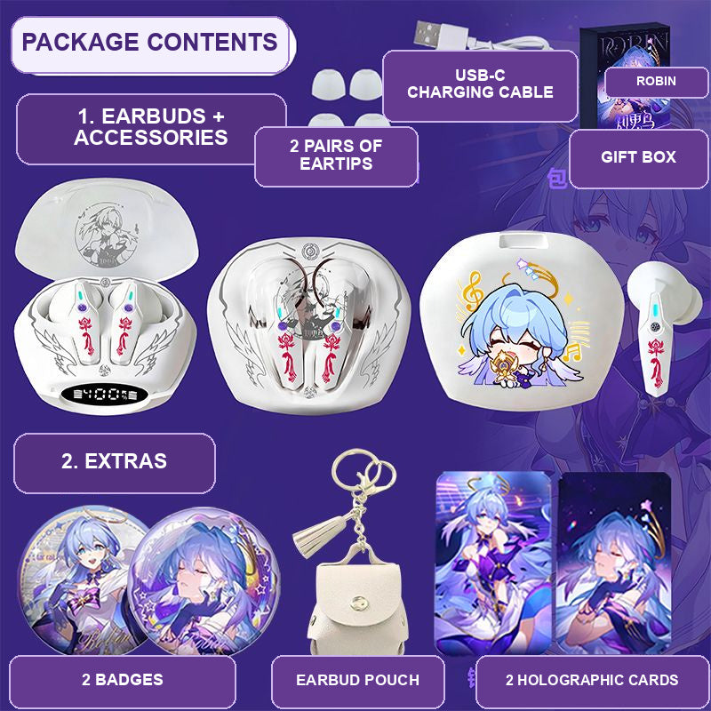 Robin earbuds package contents — design 3