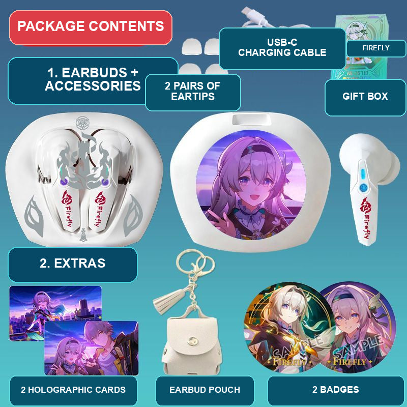 Firefly earbuds package contents — design 3