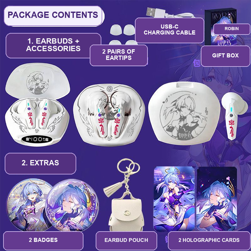 Robin earbuds package contents — design 6
