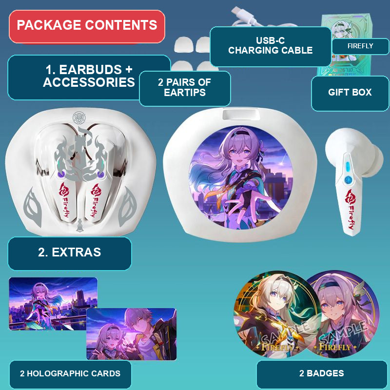 Firefly earbuds package contents — design 6