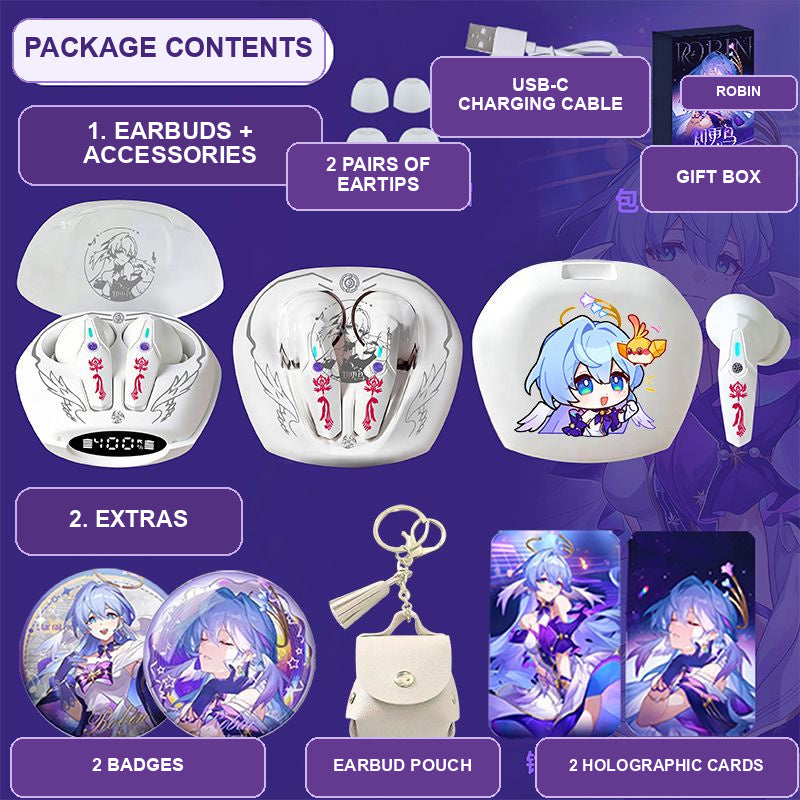 Robin earbuds package contents — design 7