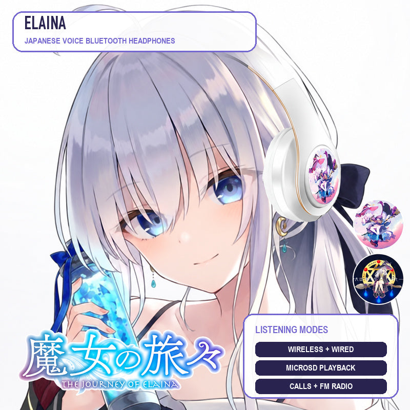 Elaina anime voice Bluetooth headphones — White / Gold