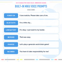Built-in Miku voice prompts for power, Bluetooth, battery, microSD, FM, and calls