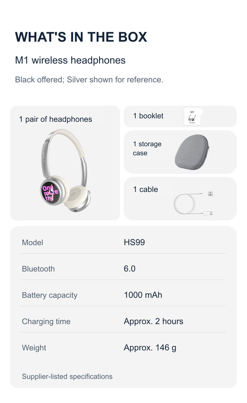M1 package contents and supplier-listed specifications; Silver shown as reference