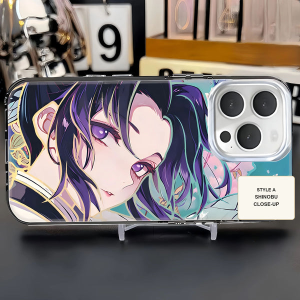 Phone case with a close-up of Shinobu Kocho and gold-toned linework on a display stand