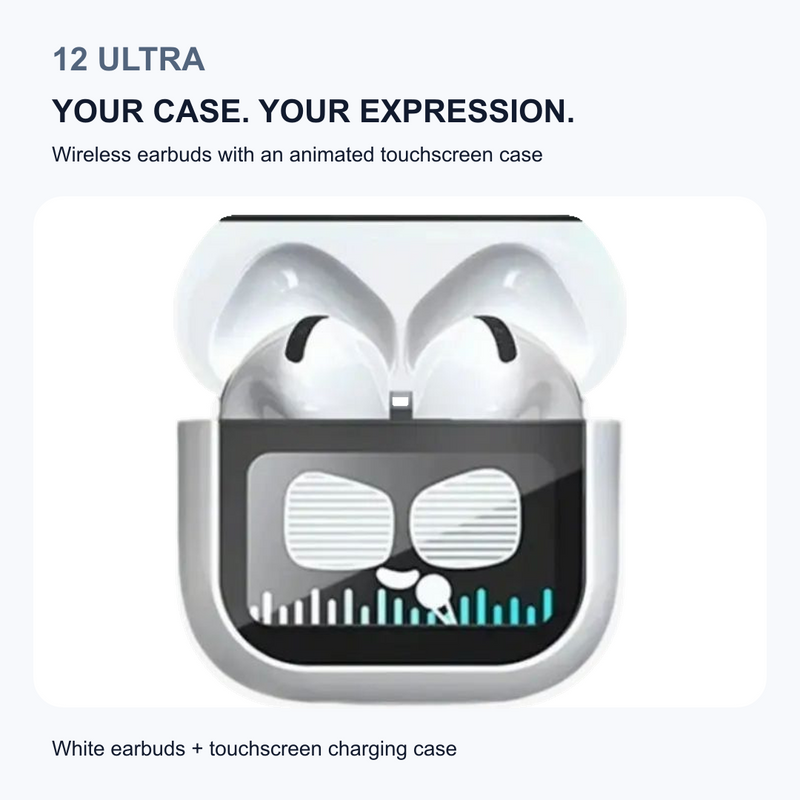 12 Ultra wireless earbuds with animated display charging case