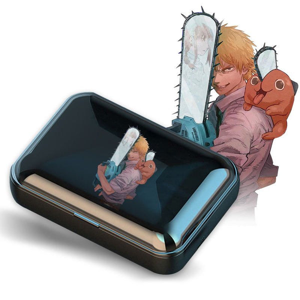 Denji artwork on a closed black wireless-earbud charging case, with a Denji illustration beside it.