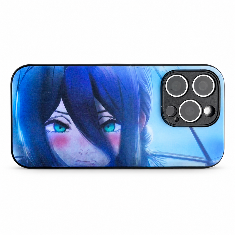 Reze Blue Mood lenticular phone case — close-up artwork viewing angle