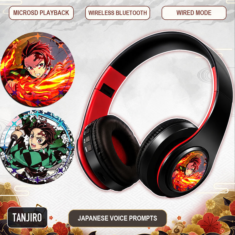 Tanjiro anime voice Bluetooth headphones — Black / Red