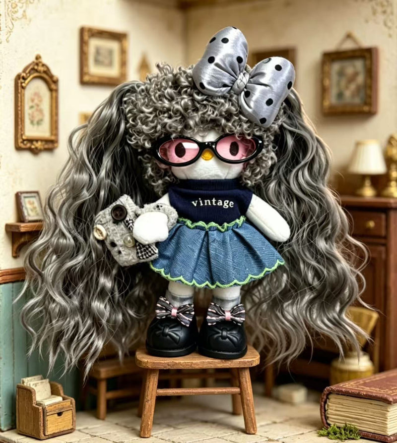 Kitty Fashion Doll Plush Keychain - Long-Leg Curly-Hair Bag Charm (15cm)