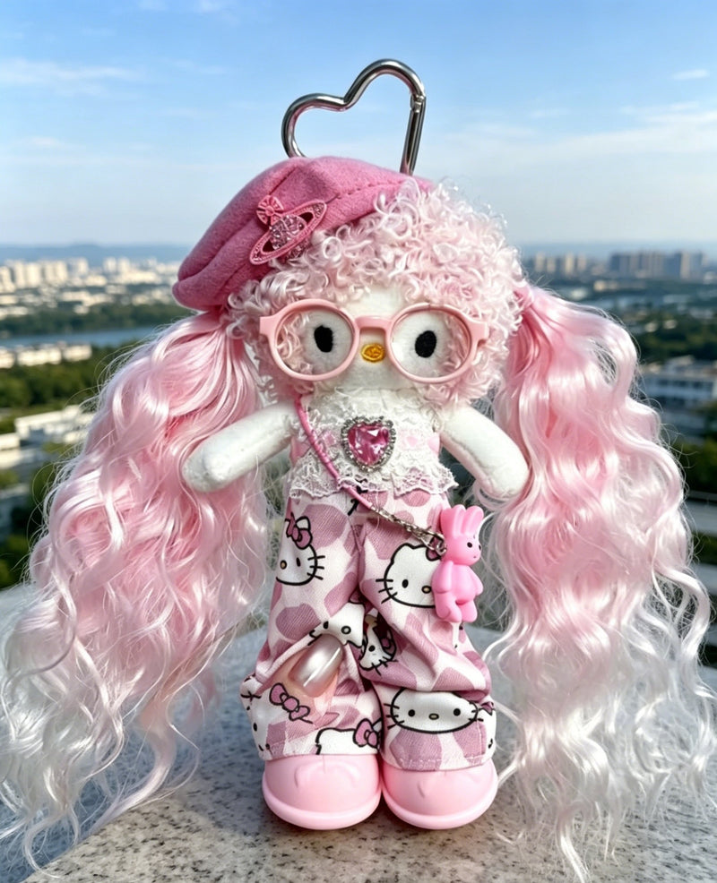 Kitty Fashion Doll Plush Keychain - Long-Leg Curly-Hair Bag Charm (15cm)