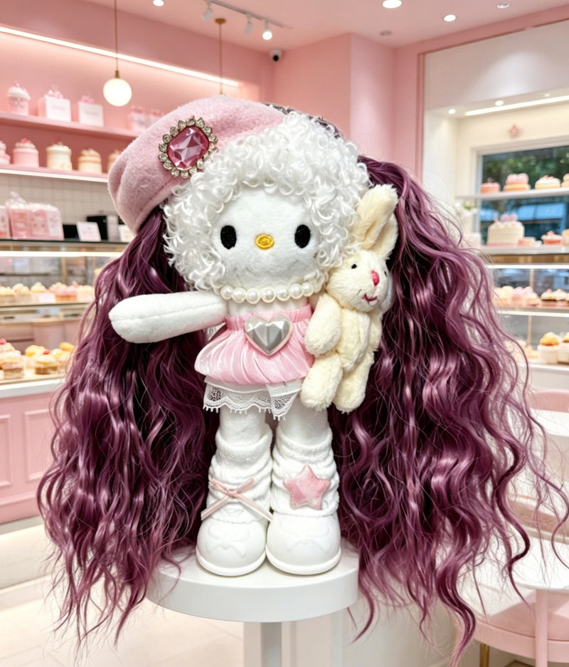 Kitty Fashion Doll Plush Keychain - Long-Leg Curly-Hair Bag Charm (15cm)