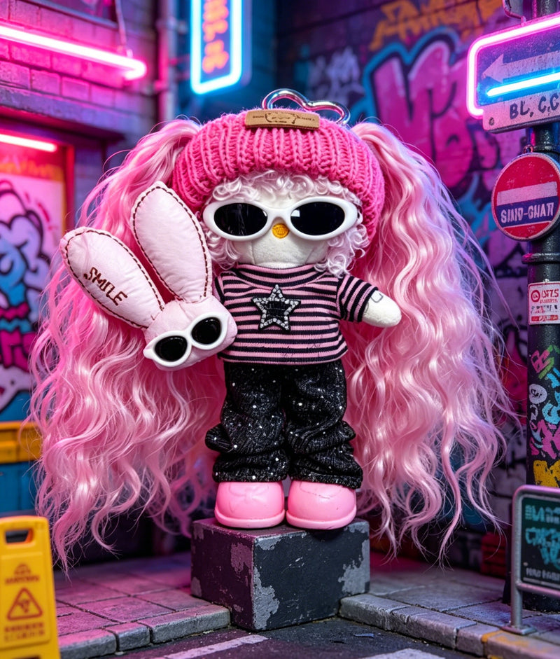 Kitty Fashion Doll Plush Keychain - Long-Leg Curly-Hair Bag Charm (15cm)