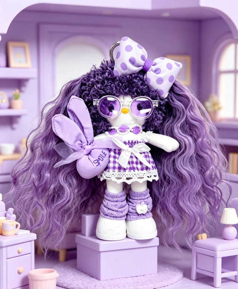 Kitty Fashion Doll Plush Keychain - Long-Leg Curly-Hair Bag Charm (15cm)