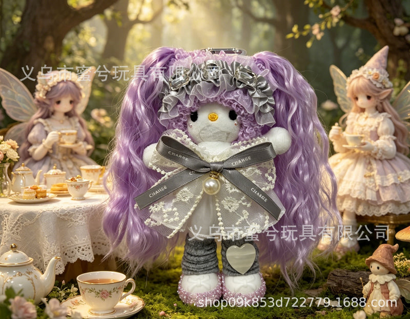 Kitty Fashion Doll Plush Keychain - Long-Leg Curly-Hair Bag Charm (15cm)