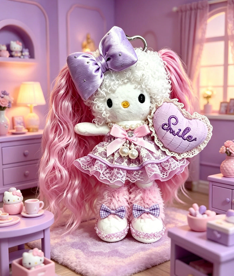 Kitty Fashion Doll Plush Keychain - Long-Leg Curly-Hair Bag Charm (15cm)