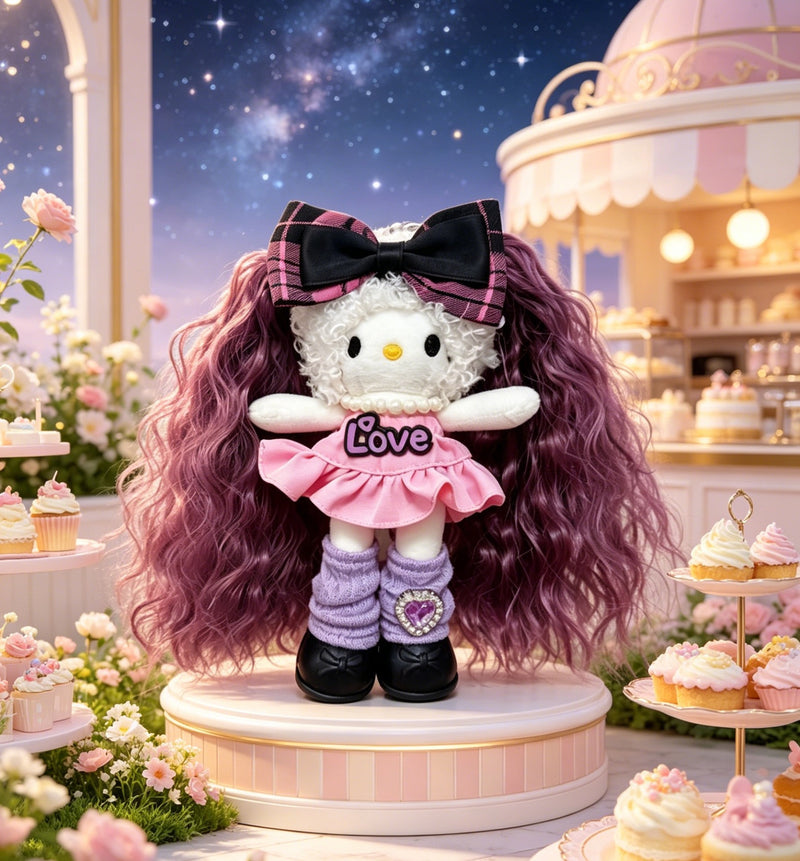 Kitty Fashion Doll Plush Keychain - Long-Leg Curly-Hair Bag Charm (15cm)
