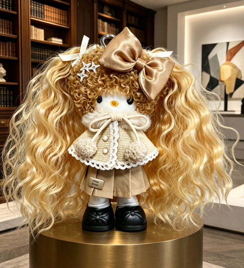 Kitty Fashion Doll Plush Keychain - Long-Leg Curly-Hair Bag Charm (15cm)