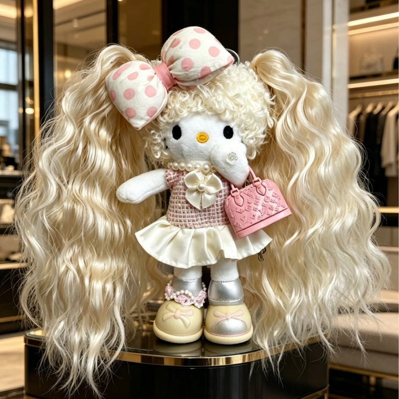 Kitty Fashion Doll Plush Keychain - Long-Leg Curly-Hair Bag Charm (15cm)
