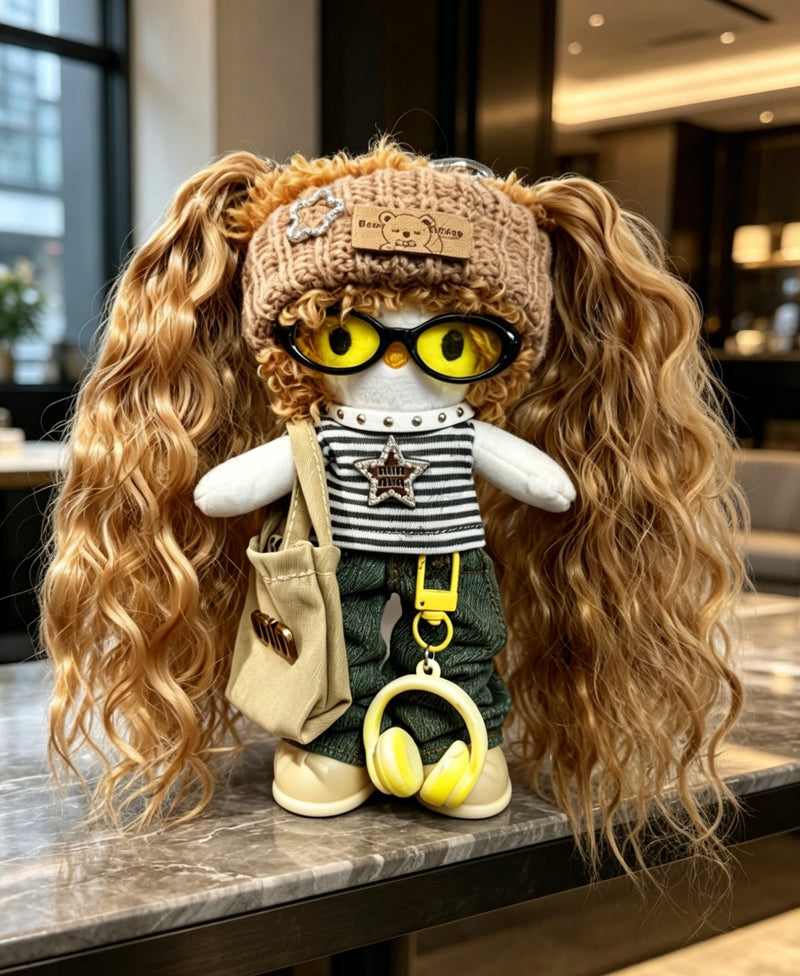 Kitty Fashion Doll Plush Keychain - Long-Leg Curly-Hair Bag Charm (15cm)