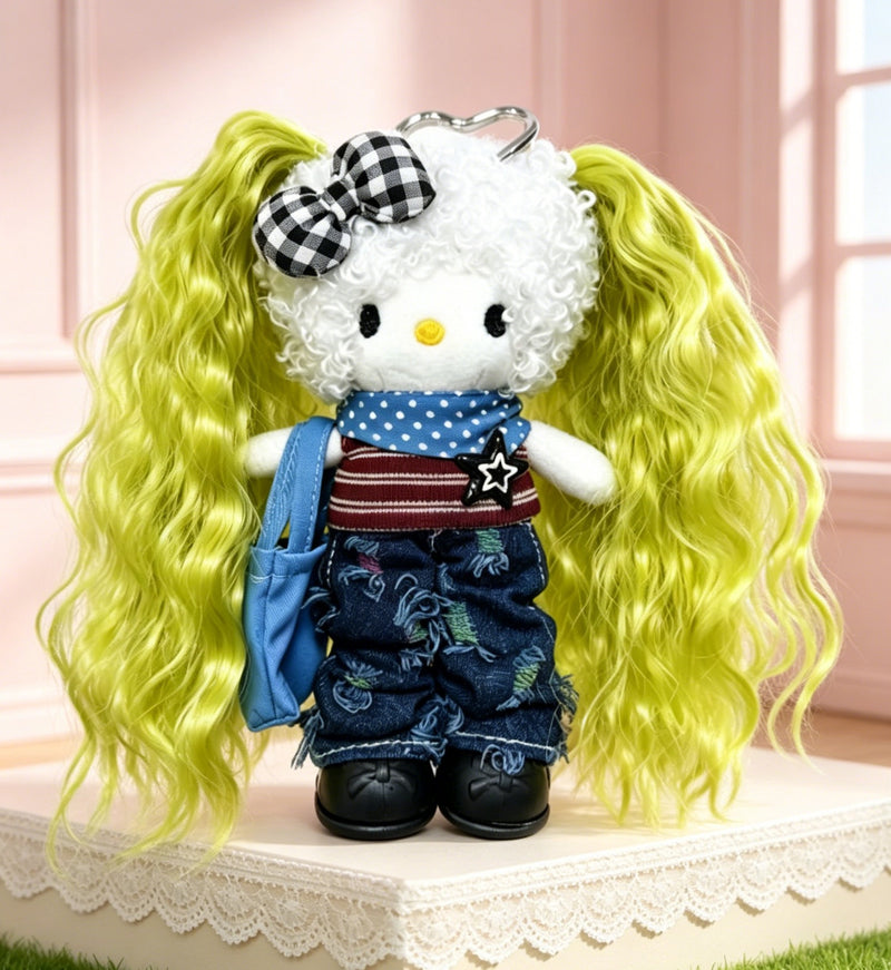 Kitty Fashion Doll Plush Keychain - Long-Leg Curly-Hair Bag Charm (15cm)