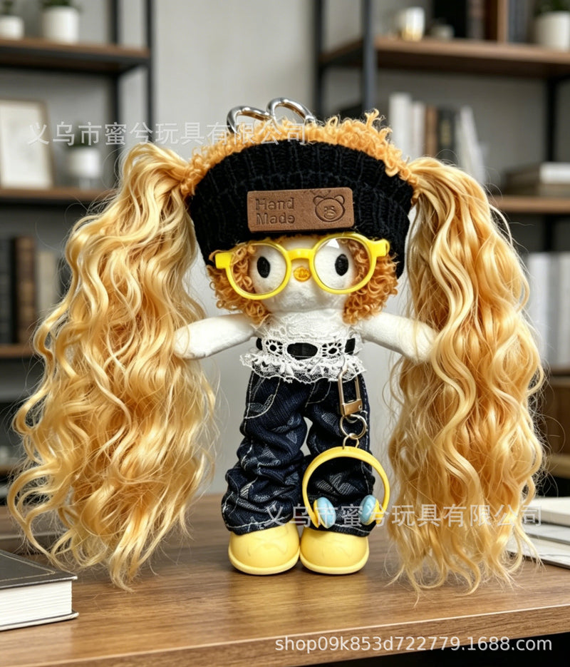 Kitty Fashion Doll Plush Keychain - Long-Leg Curly-Hair Bag Charm (15cm)