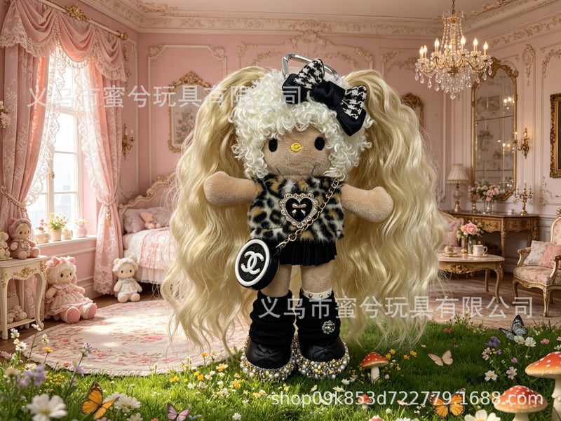 Kitty Fashion Doll Plush Keychain - Long-Leg Curly-Hair Bag Charm (15cm)