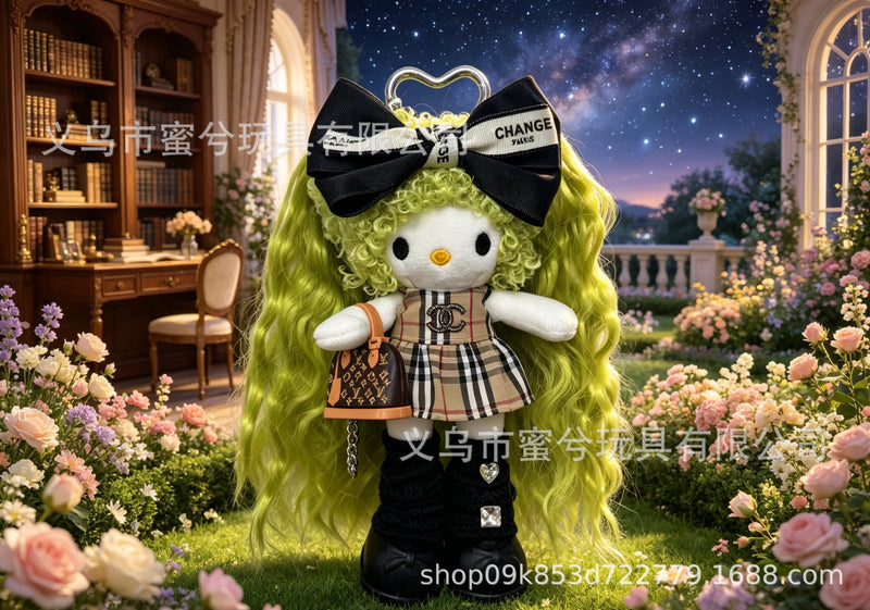 Kitty Fashion Doll Plush Keychain - Long-Leg Curly-Hair Bag Charm (15cm)
