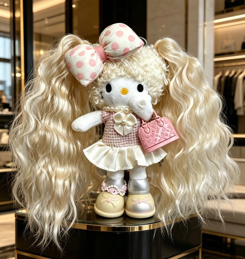Kitty Fashion Doll Plush Keychain - Long-Leg Curly-Hair Bag Charm (15cm)