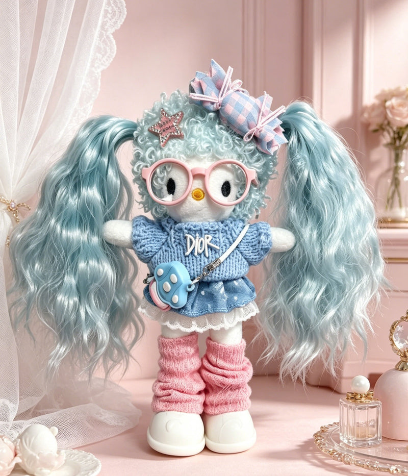 Kitty Fashion Doll Plush Keychain - Long-Leg Curly-Hair Bag Charm (15cm)