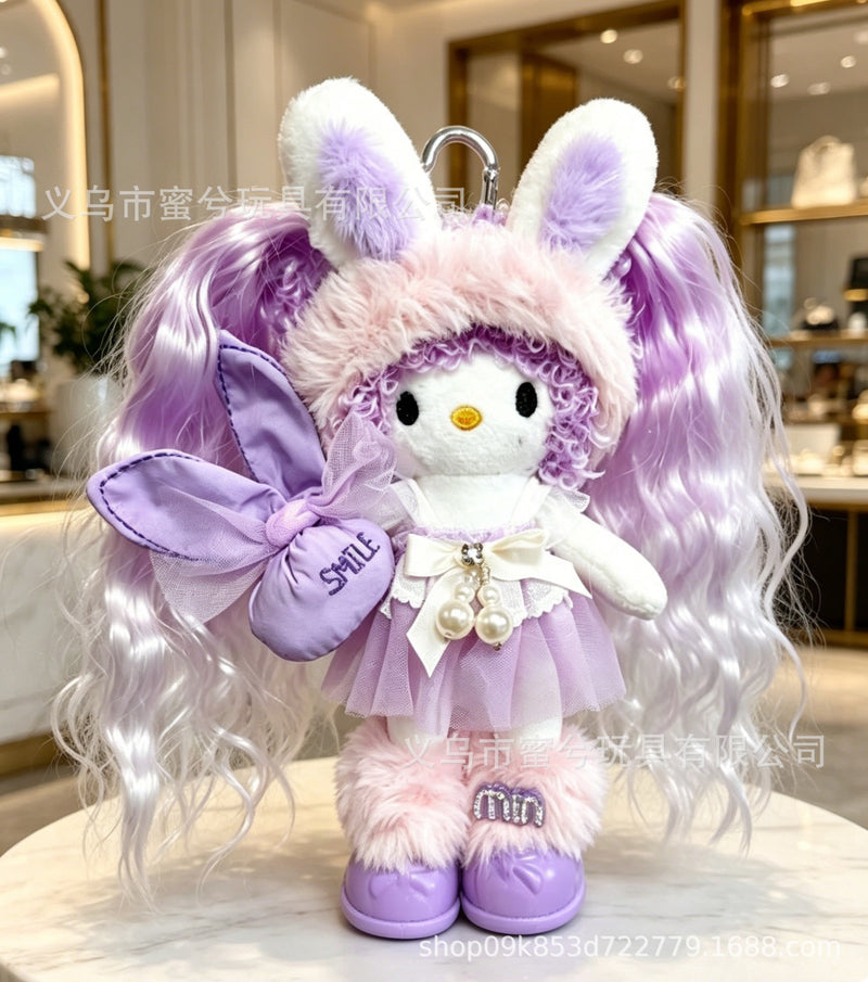 Kitty Fashion Doll Plush Keychain - Long-Leg Curly-Hair Bag Charm (15cm)