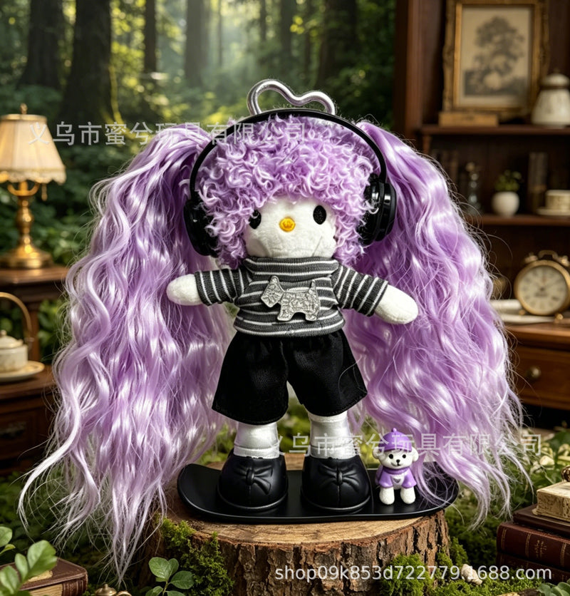 Kitty Fashion Doll Plush Keychain - Long-Leg Curly-Hair Bag Charm (15cm)