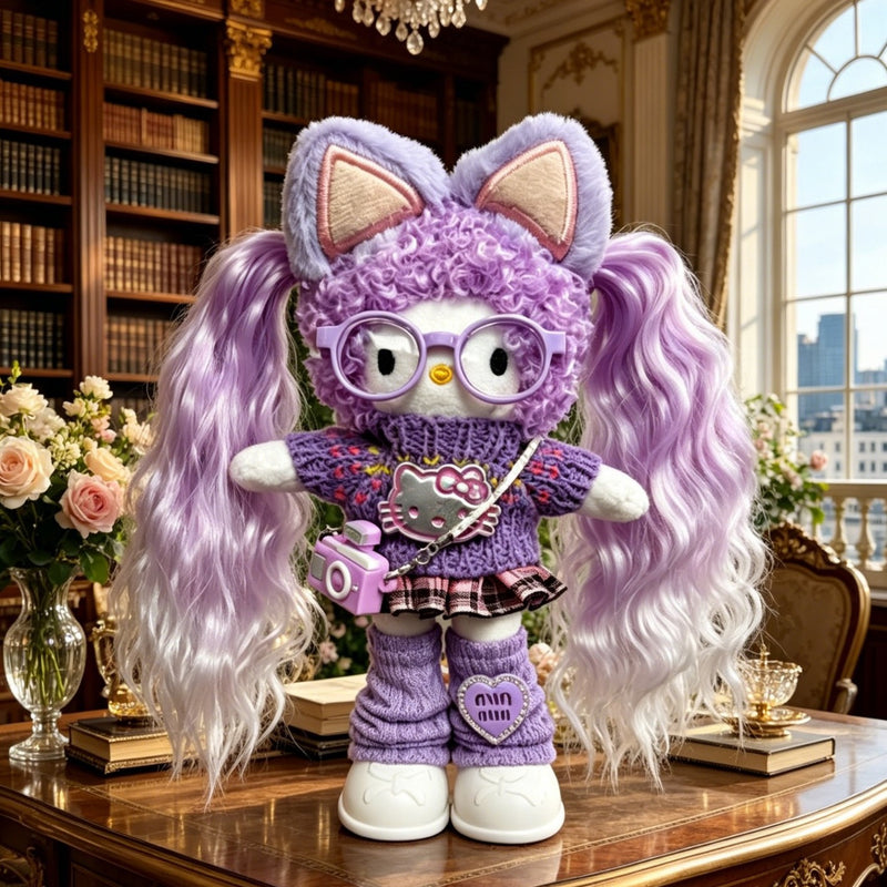 Kitty Fashion Doll Plush Keychain - Long-Leg Curly-Hair Bag Charm (15cm)