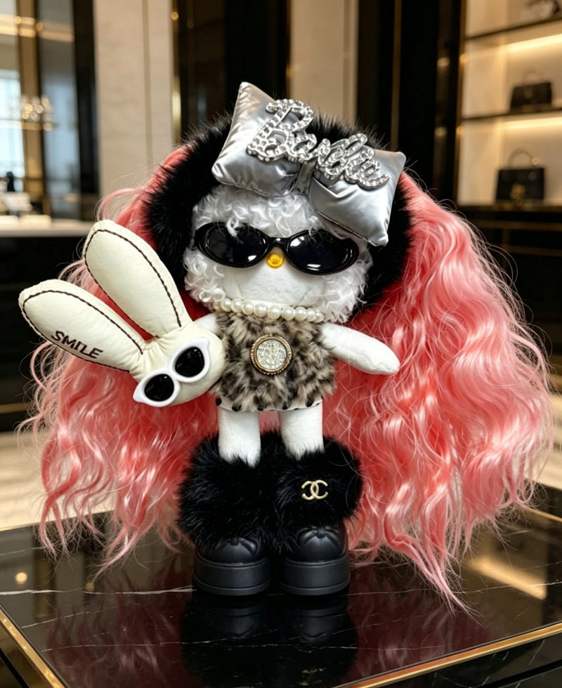 Kitty Fashion Doll Plush Keychain - Long-Leg Curly-Hair Bag Charm (15cm)